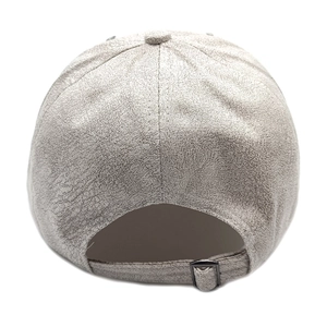 Detail of light gray crackle texture baseball cap with adjustable strap and metal buckle
