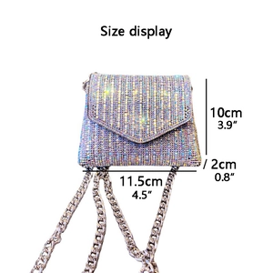 Mini rhinestone evening bag with chain strap and colorful crystal size specifications