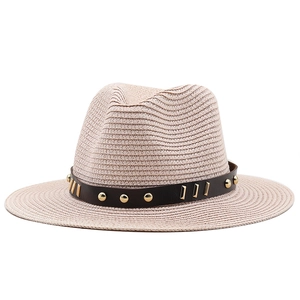 Men's vintage beige woven fedora straw hat with brown leather band and gold metal hardware