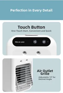 Mini air cooler detail showing touch control panel and adjustable air outlet grille