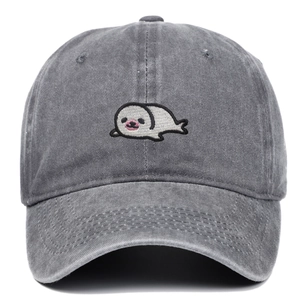 Cappellino vintage in cotone lavato grigio scuro con ricamo a forma di foca