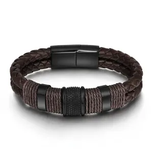 Men's Vintage Layered Woven Leather Bracelet With Stainless Steel Magnetic Clasp Braided Retro Jewelry Handcrafted