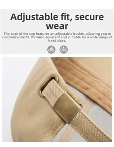 Detail of adjustable metal buckle on khaki twill cotton baseball cap for custom fit