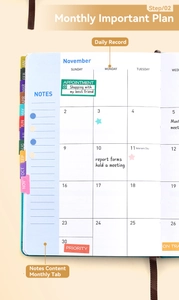 Macro view of 18-month planner monthly layout with color-coded index tabs and grid notes