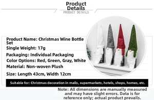 Detail view of gnome Christmas wine bottle covers showing four colors and dimensions