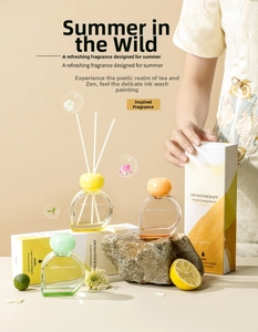 Detailed view of the 80ml aromatherapy glass bottle with diffuser sticks and minimalist box