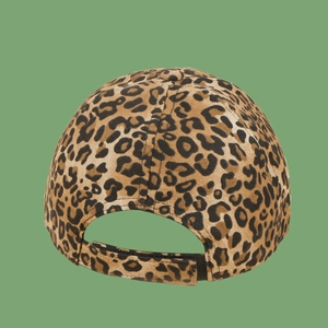 Detail view of the adjustable velcro strap on leopard print baseball cap back