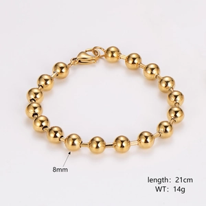 Detail of 8mm gold bead chain bracelet with size labels, 21cm length and 14g weight