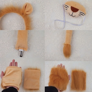 Lion costume set including plush ears headband, animal eye mask, tail and paws for cosplay