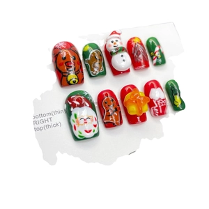 Handmade 3D Christmas press-on nails with Santa Claus and snowman motifs, 10-piece set