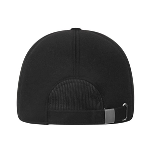 Rear view of black wool winter baseball cap with metal buckle and ear protection flaps