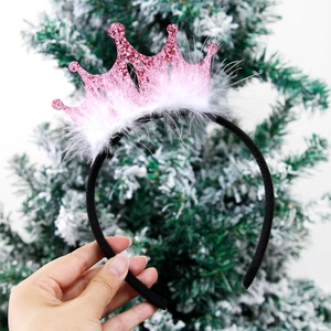 Detailed view of pink sequin birthday crown headband with white fluffy feather trim decoration