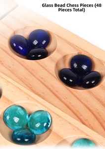 Macro detail of 48 blue glass gems on a wooden Mancala board with polished textures
