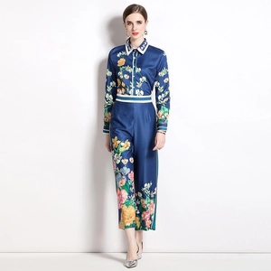 Women's dark blue floral satin set with long-sleeved shirt and wide-leg trousers