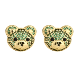 Hip hop bear stud earrings with green pavé crystals and gold plated metal setting