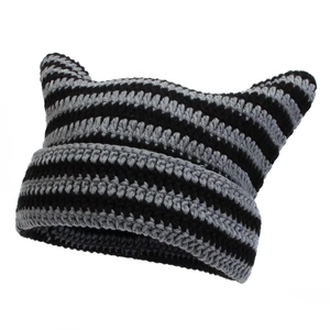 Striped crochet cat ear beanie in black and gray handmade knit style for winter warmth