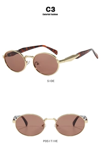 Detail view of oval metal sunglasses with brown lenses and tortoiseshell temples