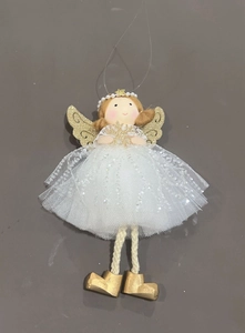 Detailed close-up of handmade white angel ornament with gold glitter wings and tulle