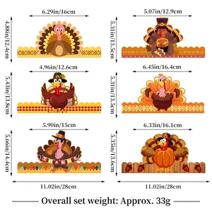 Set of 6 Thanksgiving Turkey Paper Crown Hats with Thanks slogan for harvest party decor