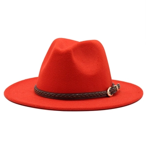 Classic red wide brim fedora hat with brown braided belt and golden metal buckle decor