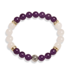 Detail of 8mm purple and white beaded elastic bracelet with gold rhinestone spacers