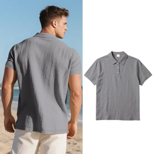 Comparison of grey linen polo shirt showing beach lifestyle and flat product layout