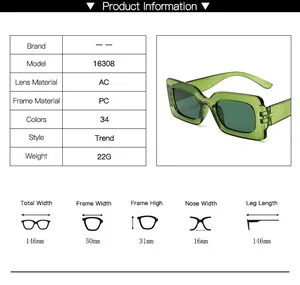 Detailed size chart for retro square sunglasses with frame dimensions and specifications
