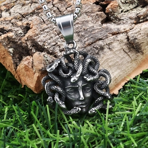 Retro stainless steel Medusa head pendant necklace with vintage silver finish