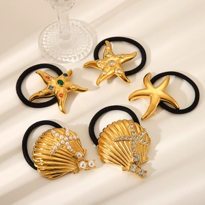5-piece set of 18K gold stainless steel starfish and scallop hair ties with rhinestones