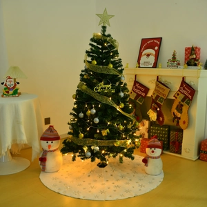 Cozy Christmas scene with a white plush tree skirt featuring silver snowflake sequins