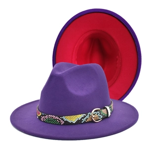 Two-tone wool fedora hat in purple and red with snakeskin band and gold buckle detail