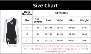 Detailed size chart for the rhinestone bow split dress showing CM measurements