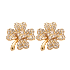 Golden sparkling zircon four-leaf clover earrings with full crystal stones on white background