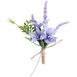 Elegante fiore all'occhiello con giglio viola, lavanda e spago di iuta naturale
