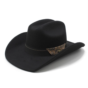 Western Cowboy Hat Wide Brim Wool Felt Retro Ethnic Pattern Band Vintage Metal Buckle Outdoor Jazz Fedora Unisex