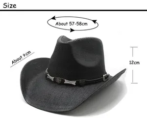 Size chart for vintage western straw cowboy hat showing dimensions and leather strap detail