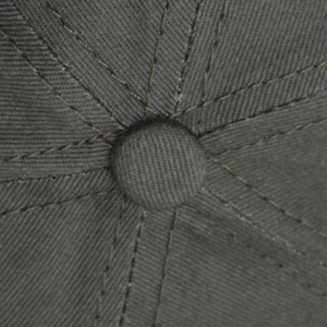 Macro detail of high-quality cotton twill top button and stitching on camouflage baseball cap