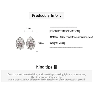 Detailed size and material parameters for rhinestone and pearl geometric flower earrings