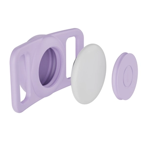 Exploded 3D view of purple silicone AirTag holder for pet collars and straps