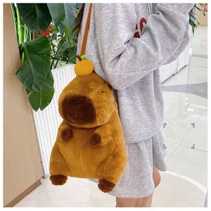 Detailed view of a cute capybara plush backpack worn by a model in a shopping mall