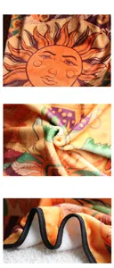 Detail of sun pattern flannel blanket with eco-friendly printing and neat edge stitching