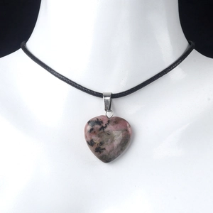 Pink marbled natural agate heart pendant necklace on a sleek black cord strap