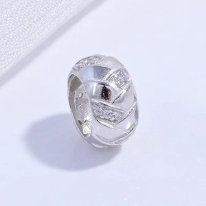 S925 sterling silver hollow barrel bead with white zircon inlay for DIY jewelry