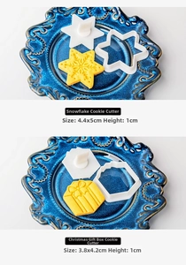 Detailed snowflake and gift box cookie molds with ergonomic press handles and sizes