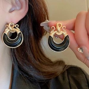 French style gold and black oil drop floral earrings for women in a luxury aesthetic