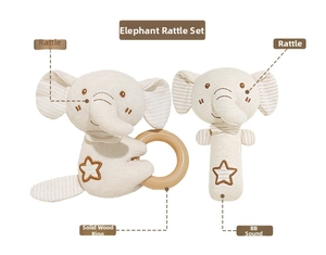 Organic cotton baby rattle set with elephant plush, wooden ring and squeaker function