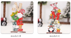Detailed view of wood Christmas gnomes featuring NOEL and XMAS letter signs for tabletops