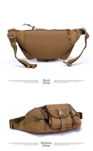 Detail view of the back and bottom of a coyote brown tactical waterproof waist pack