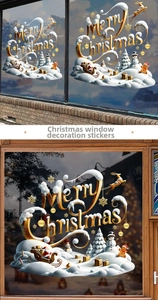 Detailed Christmas window stickers featuring Merry Christmas text and festive icons