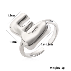 Detail view of gold-plated letter E open ring showing dimensions and weight info